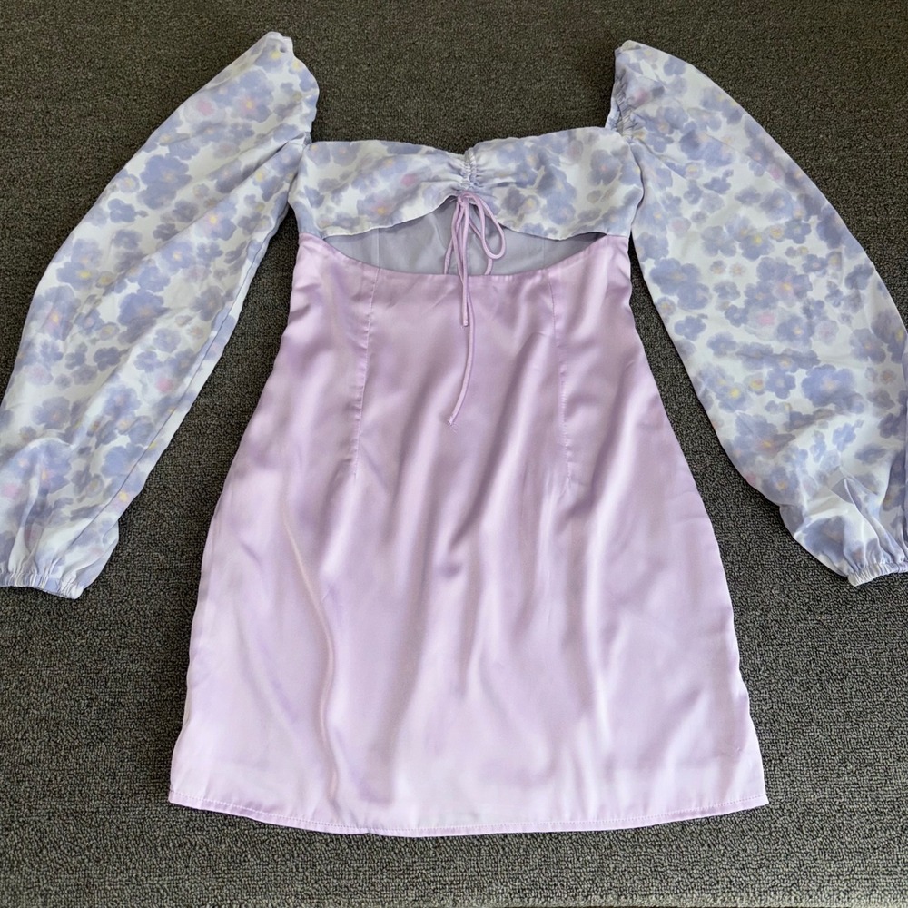 Princess Polly Lavender Floral Cutout‎ Mini Dress Long Puff Sleeve Purple Size 4